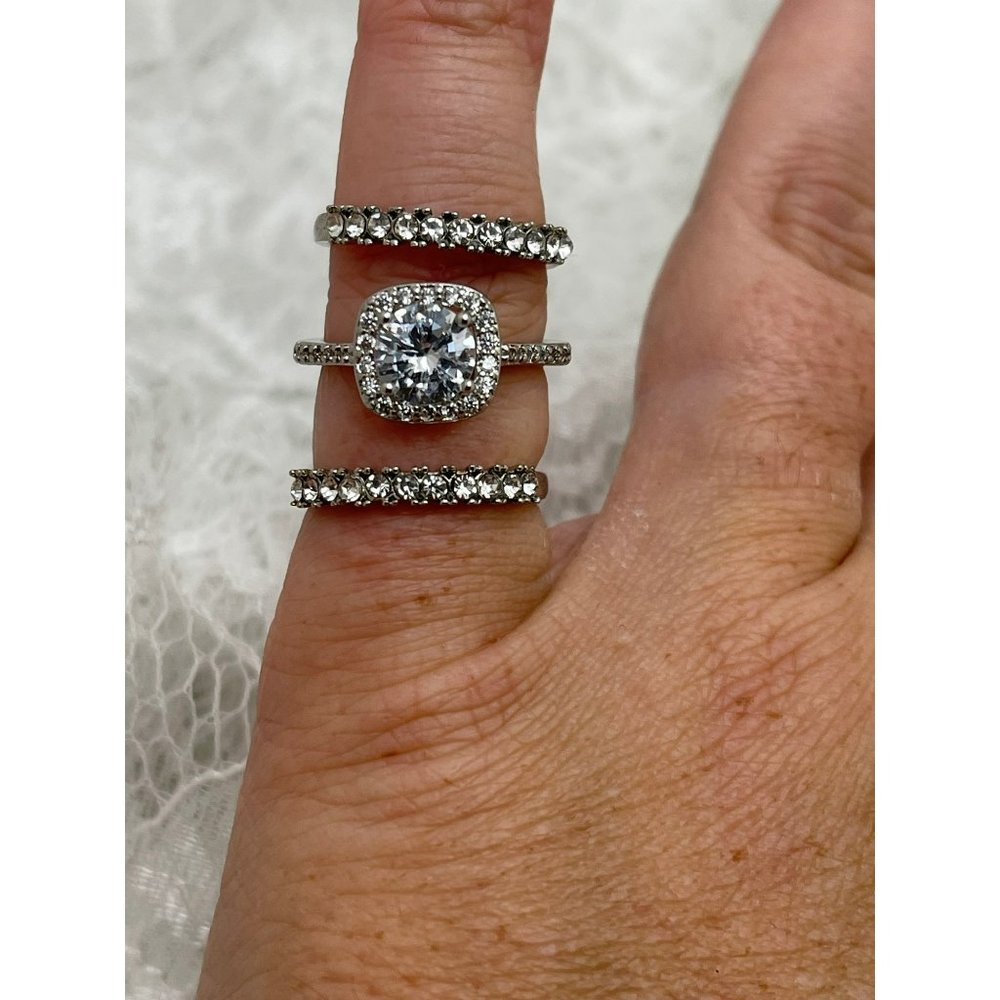 Square Halo Round Cut Faux Diamond Ring & Stacked Ring Set Silver 925- 3 Rings - Picture 6 of 11
